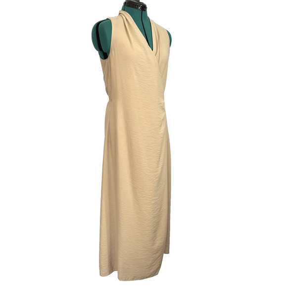 NWT Vince‎ Women's Draped Neck Midi Wrap Dress in Pale Wheat Sleeveless Medium - Picture 3 of 9